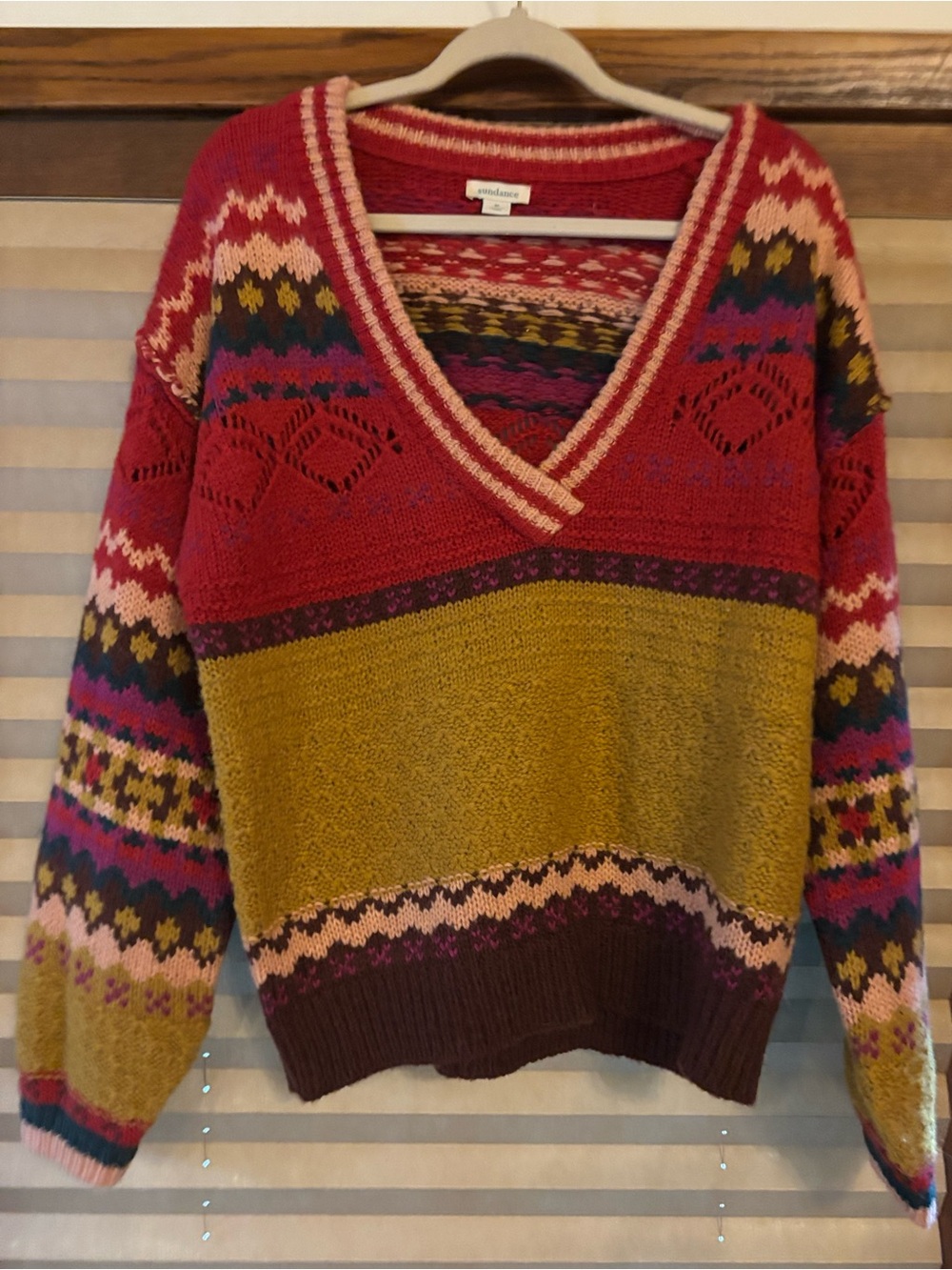 Sundance Multicolor V-Neck Sweater — Red, Mustard, Pink & Purple